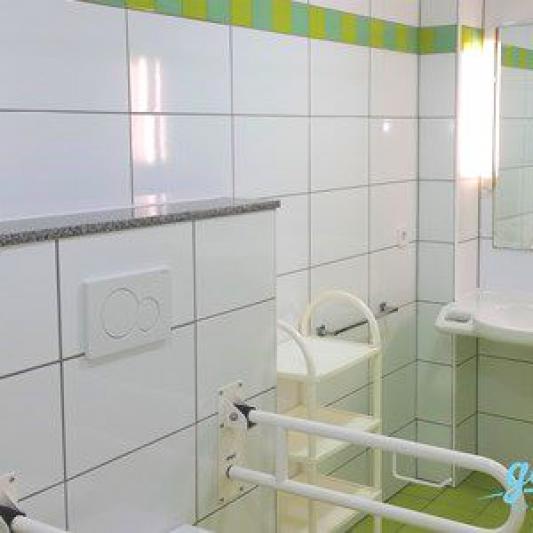 Bathroom with shower, toilet, and sink adapted for people with special needs 
